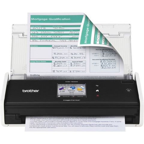 Brother ADS-1500W Compact Color Scanner (18 ppm) (8.5" x 34") (600 x 600 dpi) (Duplex) (USB) (Wireless) (Touchscreen) (20 Sheet DADF)
