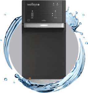 Wellsys bottleless drinking water system on a grey water splash background